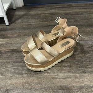 Metallic strappy cork flatform sandals